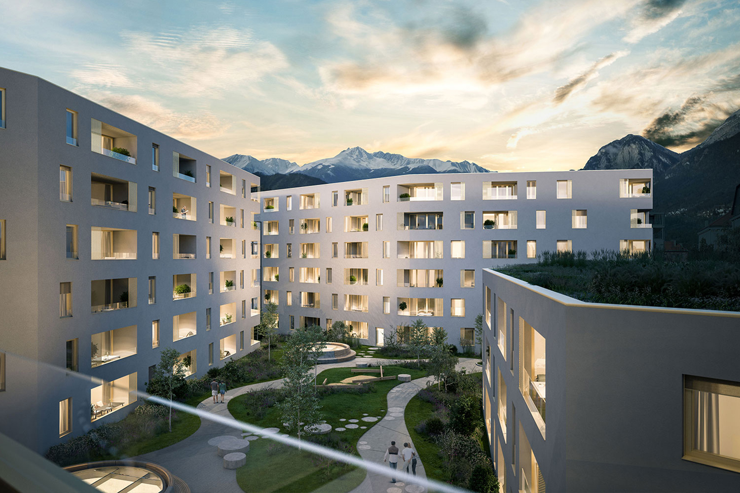 Visualisierung Blick auf Innenhof Wohnprojekt Stadt Carré in Innsbruck bei Dämmerung