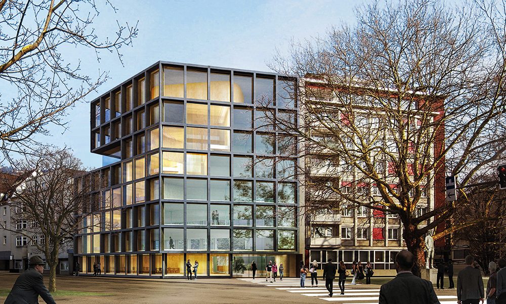 Visualisierung Neubau Vorarlberger Landes-Versicherung in Bregenz, modernes Gebäude mit großflächigen Glasfassaden