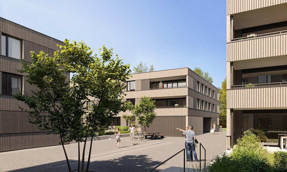Visualisierung Außenansicht mit Innenhof und Balkonen, Eigentumswohnungen Liebera in Fußach